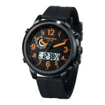 Montre scientifique avec affichage analogique et numérique, boîtier noir robuste, bracelet en silicone, parfait pour les amateurs de sciences et d'aventure.