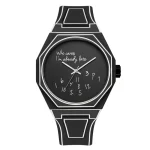 Montre à design scientifique avec cadran noir et inscription humoristique "Who cares, I'm already late", idéale pour les amateurs de science et de décoration originale.