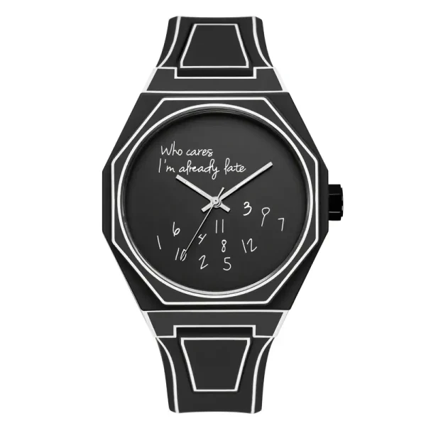 Montre à design scientifique avec cadran noir et inscription humoristique "Who cares, I'm already late", idéale pour les amateurs de science et de décoration originale.