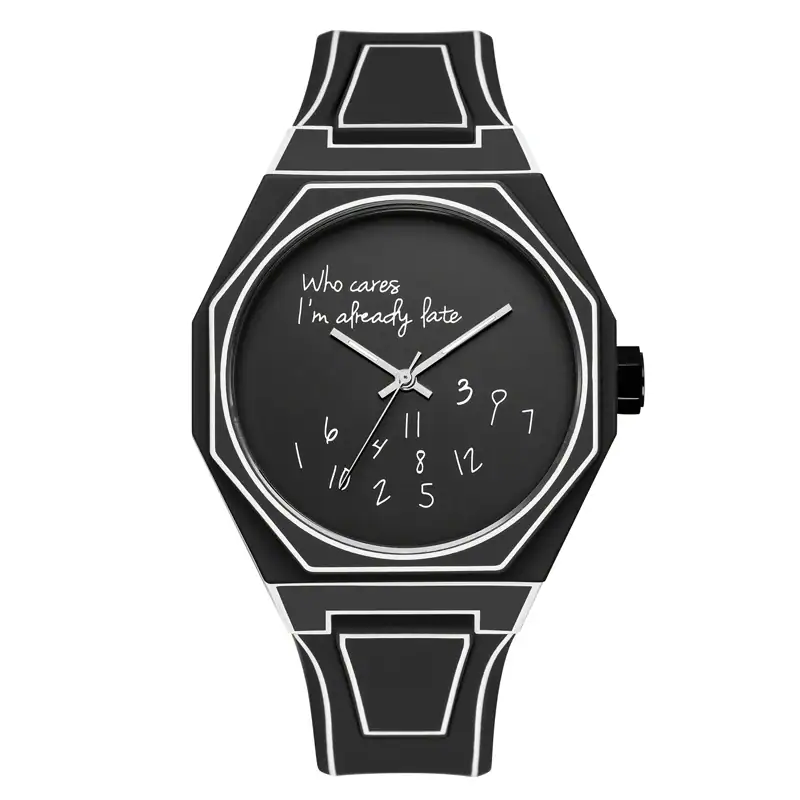 montre-pour-femme-originale-1 Montre à design scientifique avec cadran noir et inscription humoristique "Who cares, I'm already late", idéale pour les amateurs de science et de décoration originale.
