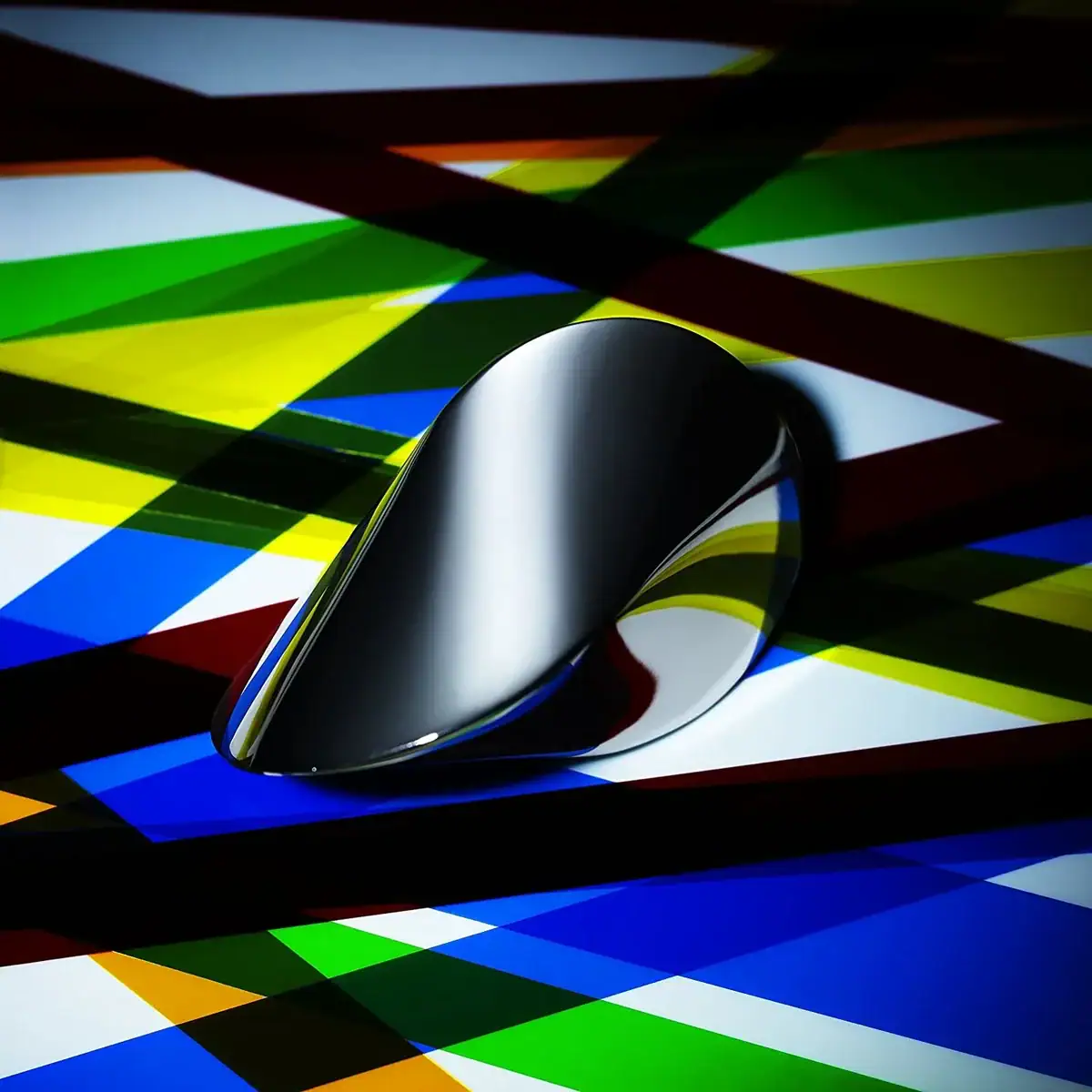 oloide-en-metal-1 Pointeur de souris noir brillant placé sur un fond coloré abstrait avec des lignes diagonales multicolores.