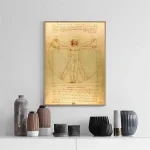 Reproduction de l'œuvre emblématique de Léonard de Vinci, "L'Homme de Vitruve", illustrant les proportions idéales du corps humain avec un croquis détaillé.