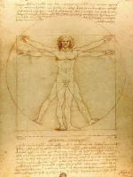 Dessin de l'Homme de Vitruve de Léonard de Vinci illustrant les proportions idéales du corps humain dans un carré et un cercle.