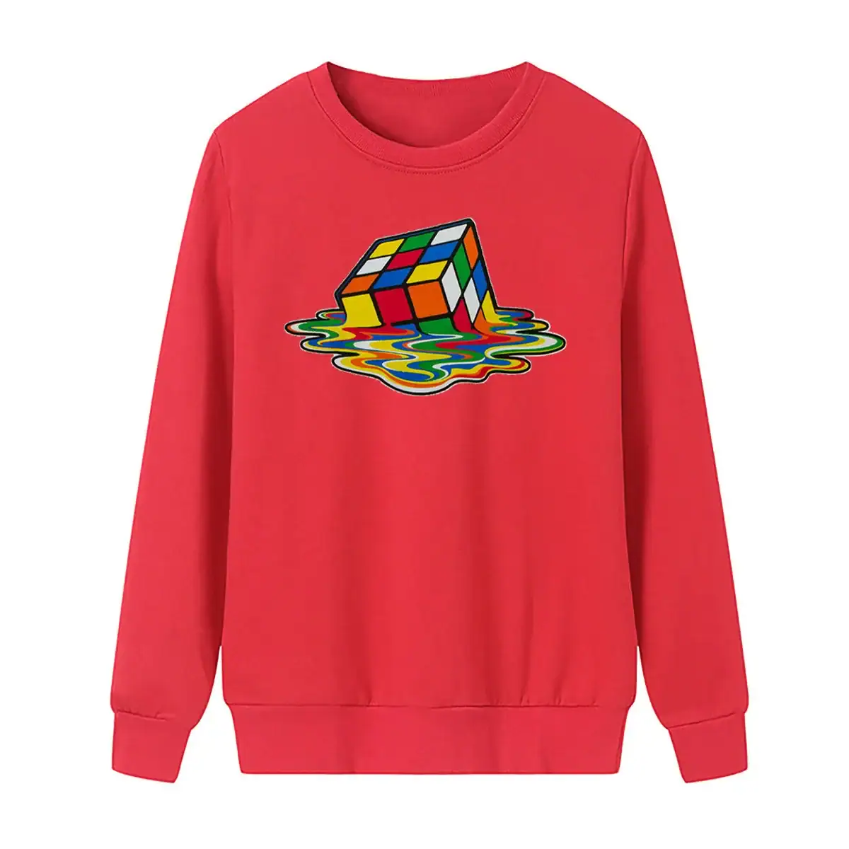 pull-rubiks-cube-qui-fond-1 Sweat rouge avec un puzzle Rubik's en train de tomber dans l'eau, illustrant un motif coloré et ludique. Parfait pour les amateurs de science et de décoration originale.