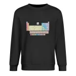 Panneau périodique du tableau scientifique affiché sur un sweat noir, illustrant les éléments chimiques avec leurs symboles et numéros atomiques.