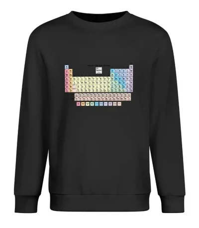 Panneau périodique du tableau scientifique affiché sur un sweat noir, illustrant les éléments chimiques avec leurs symboles et numéros atomiques.