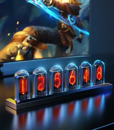 Porte-numéros lumineux à tubes néon avec chiffres rouges, affichant une séquence numérique. Idéal pour décoration scientifique ou industrielle, apportant une touche rétro et moderne.