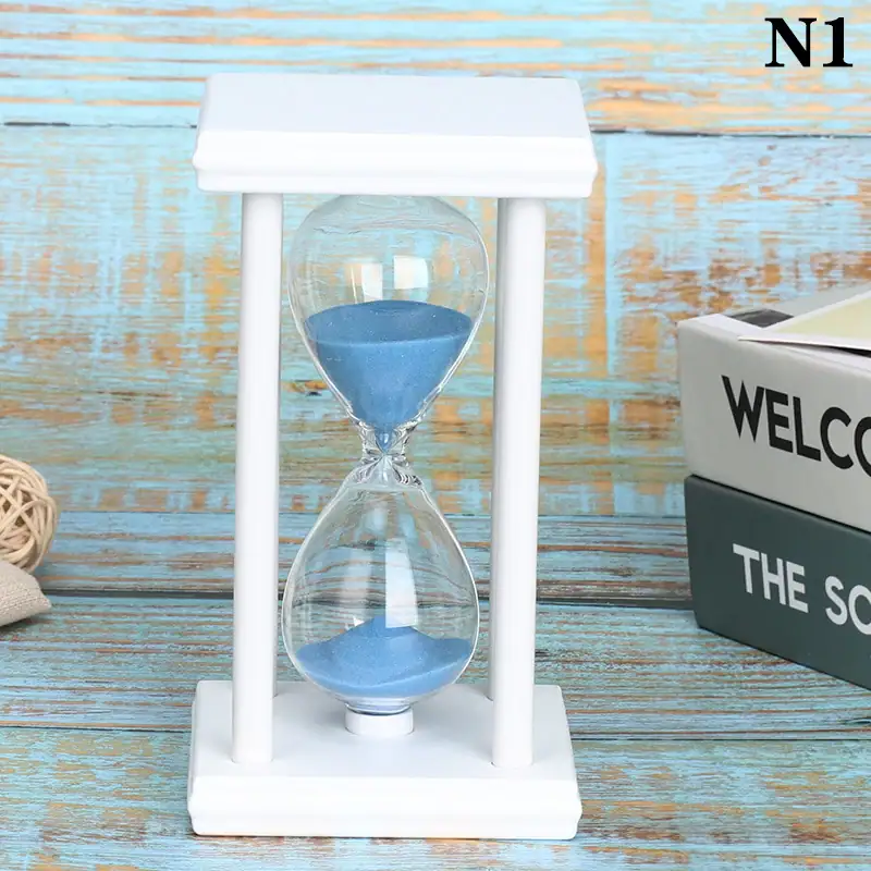 sablier-bleu-10-minutes-1 Horloge sablier en verre avec sable bleu, décoration scientifique élégante pour bureau ou étagère.