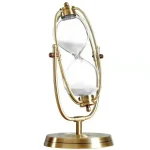 Horloge sablier scientifique en métal doré avec verre transparent, symbole de la mesure du temps dans la science.