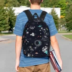 Sac à dos thématique espace avec motifs de planètes, étoiles et galaxies, idéal pour les amateurs d'astronomie et de sciences.