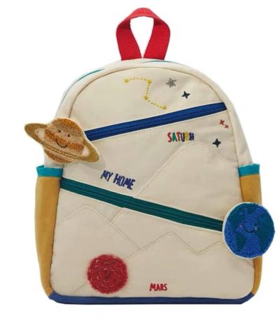 Sac à dos enfant avec thème spatial, décorations de planètes et étoiles, idéal pour l'école ou les activités ludiques.