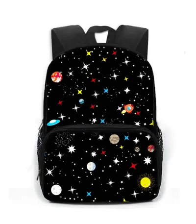 Sac à dos enfant avec motif planètes et étoiles du système solaire.