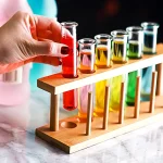Vitrine en bois avec tubes à essai colorés pour expériences scientifiques ou décoration.