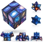 Cube en galaxie avec motifs cosmiques, formes géométriques lumineuses, décoration scientifique, objet décoratif, puzzle cosmique, décoration intérieure, science et univers.