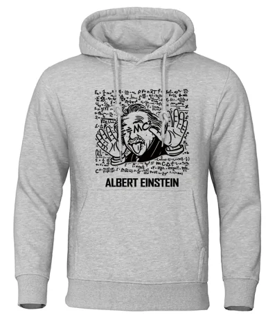 Sweat à capuche gris avec illustration humoristique d'Albert Einstein faisant un geste de paix, entouré de formules mathématiques et scientifiques.