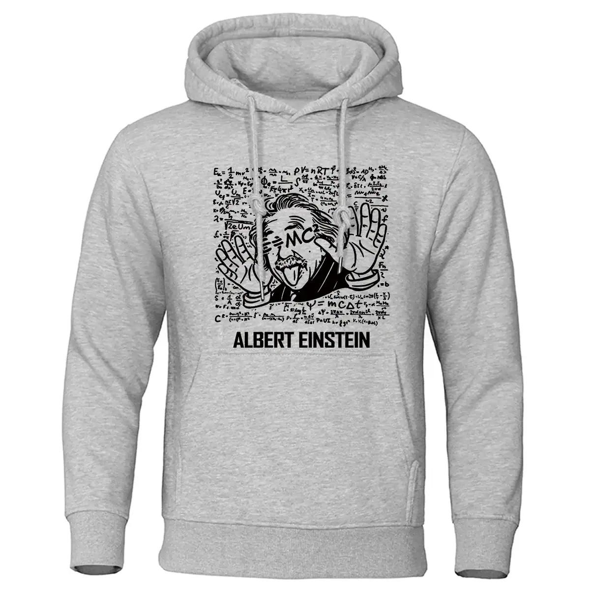 sweat-albert-einstein-1 Sweat à capuche gris avec illustration humoristique d'Albert Einstein faisant un geste de paix, entouré de formules mathématiques et scientifiques.