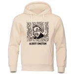 Sweat à capuche blanc avec illustration d'Albert Einstein faisant un geste de la main, entouré d'équations scientifiques, parfait pour les amateurs de science et de décoration geek.