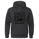 Vêtement à capuche noir avec illustration humoristique d'Albert Einstein, représentant le célèbre scientifique avec un style graphique moderne.