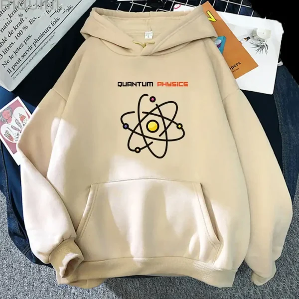 Vêtement à capuche avec motif atomique et texte "Quantum Physics" pour passionnés de science.