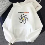 Vêtement à capuche blanc avec logo atomique et texte "Quantum Physics" pour les amateurs de science.