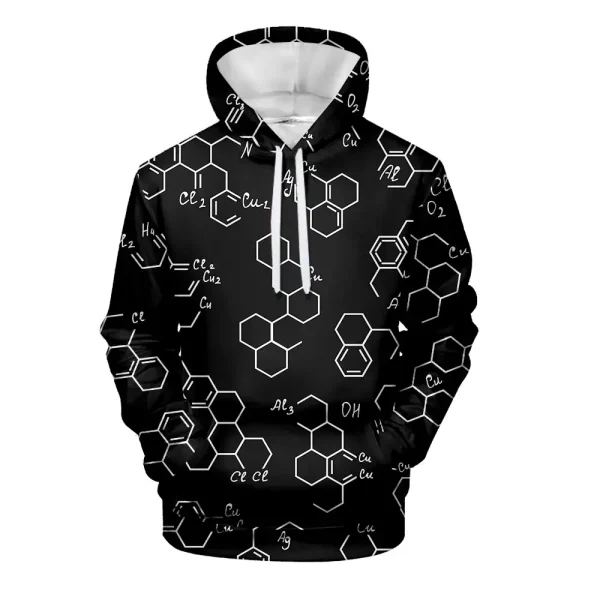 Veste à capuche avec motif moléculaire en blanc sur fond noir, inspirée de la chimie et des sciences. Parfait pour les amateurs de science et de décoration originale.