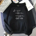 Sweat à capuche noir avec équation physique blanche imprimée, style décontracté, idéal pour les amateurs de science et de physique.