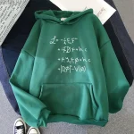 Sweat à capuche vert avec imprimé d'équations scientifiques, style décontracté, idéal pour les amateurs de science et de mode.