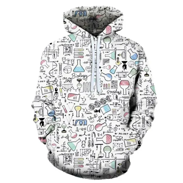 Vêtement à capuche avec motifs de symboles et instruments scientifiques et biologiques. Design original pour passionnés de science et de recherche.