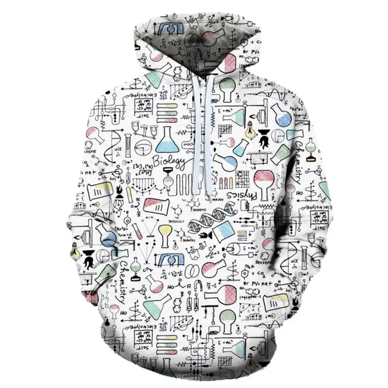 Vêtement à capuche avec motifs de symboles et instruments scientifiques et biologiques. Design original pour passionnés de science et de recherche.