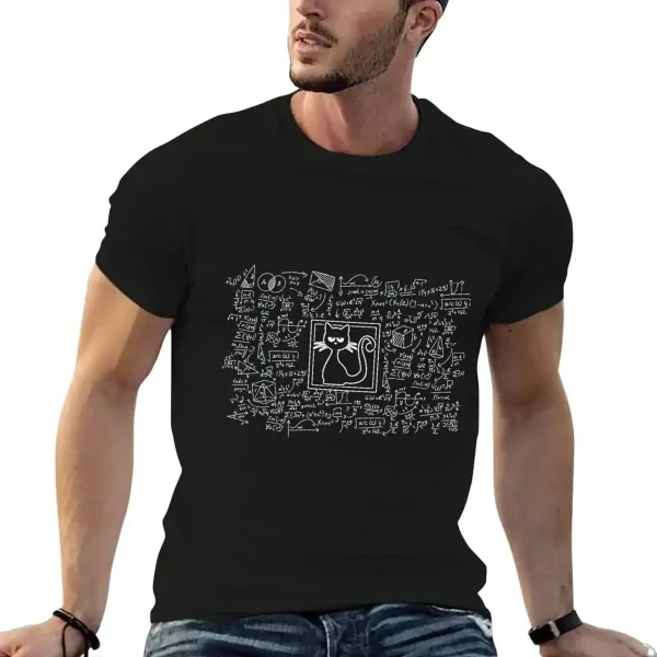 T-shirt noir avec illustration de formule scientifique et chat, style décontracté pour amateurs de science et de chats.