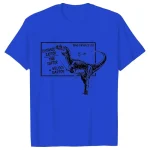 T-shirt bleu avec illustration d’un dinosaure et texte scientifique sur la physique des dinosaures, parfait pour les amateurs de science et de mode décontractée.