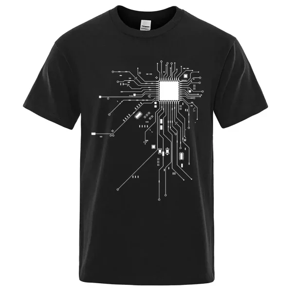 T-shirt noir avec design de circuit électronique blanc, parfait pour les amateurs de technologie et d'ingénierie.