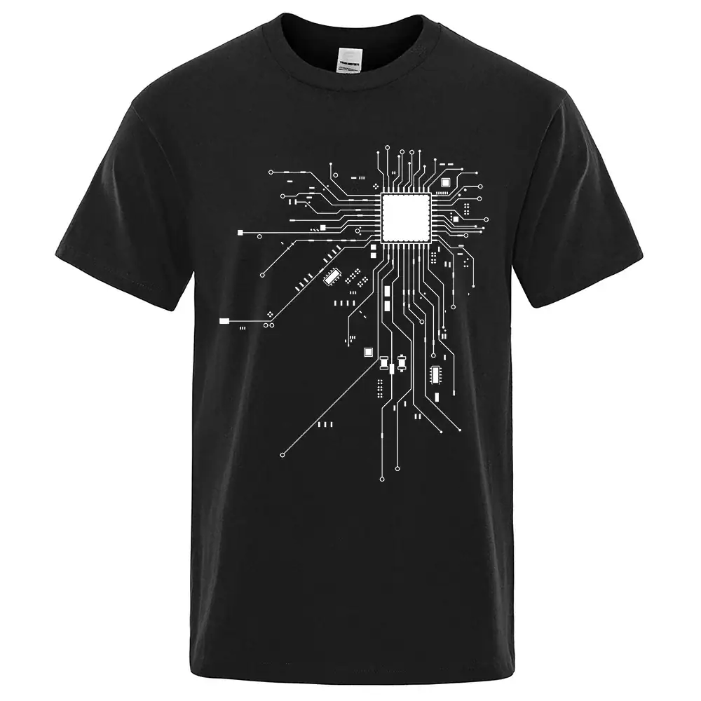 T-shirt noir avec design de circuit électronique blanc, parfait pour les amateurs de technologie et d'ingénierie.
