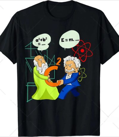 Pendentif scientifique illustré avec deux personnages caricaturaux échangeant un symbole mathématique, entourés de formules et d'icônes atomiques, représentant la science et la recherche.