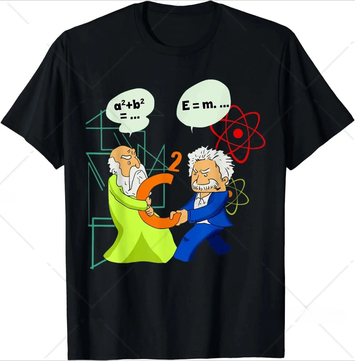 t-shirt-humour-science-1 Pendentif scientifique illustré avec deux personnages caricaturaux échangeant un symbole mathématique, entourés de formules et d'icônes atomiques, représentant la science et la recherche.