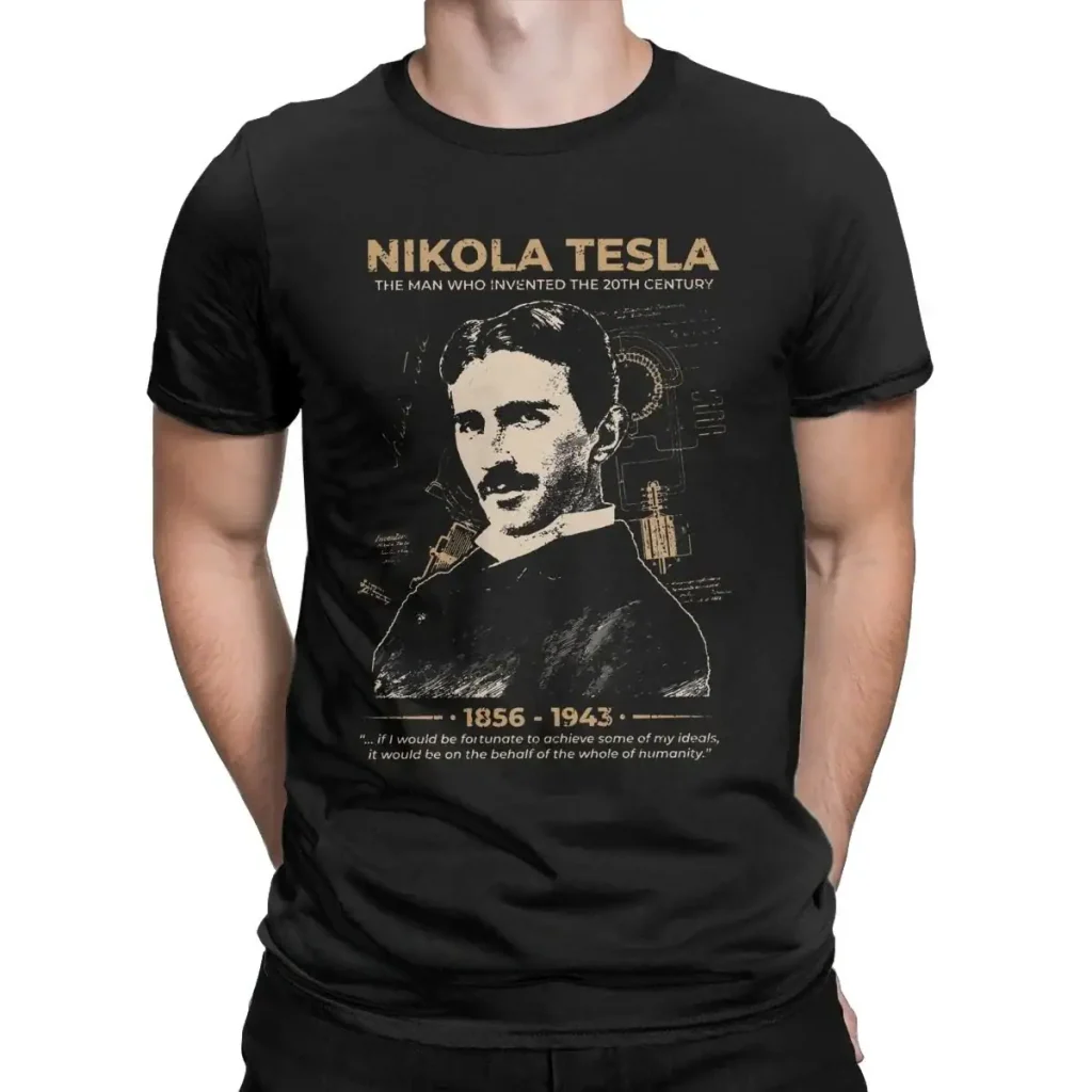 T-shirt noir avec portrait de Nikola Tesla, inventeur et ingénieur, illustrant sa contribution à la science et à la technologie.