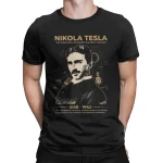 T-shirt noir avec portrait de Nikola Tesla, inventeur et ingénieur, illustrant sa contribution à la science et à la technologie.