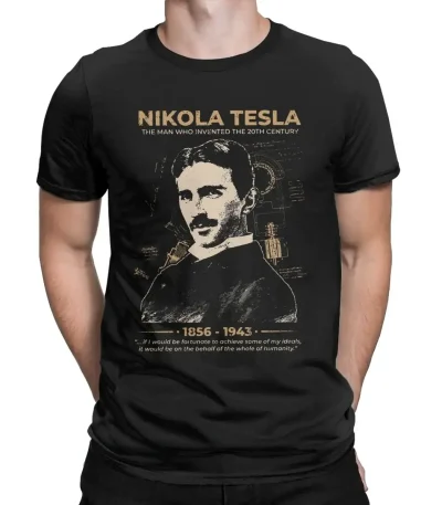 T-shirt noir avec portrait de Nikola Tesla, inventeur et ingénieur, illustrant sa contribution à la science et à la technologie.