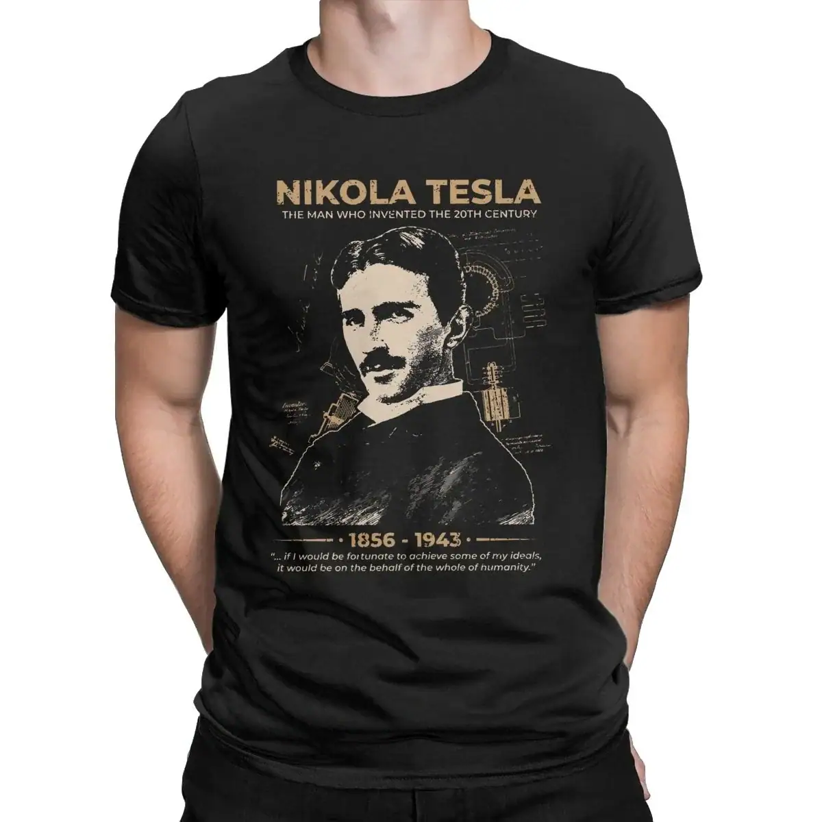 t-shirt-nikola-tesla-1 T-shirt noir avec portrait de Nikola Tesla, inventeur et ingénieur, illustrant sa contribution à la science et à la technologie.