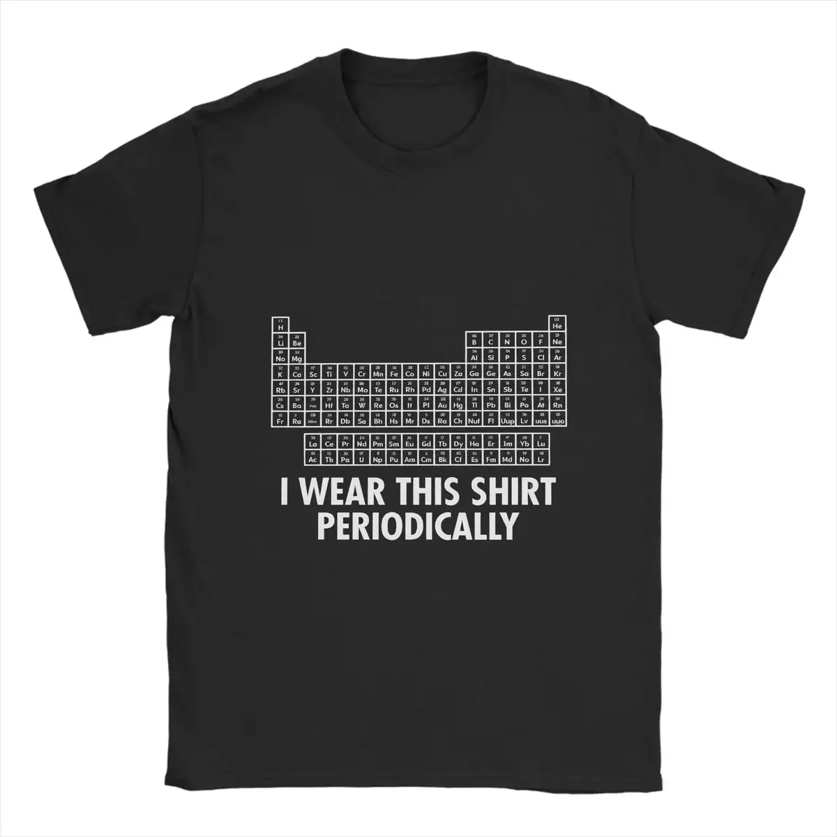 t-shirt-tableau-periodique-des-elements-1 T-shirt avec tableau périodique des éléments et texte "Je le porte périodiquement" pour les amateurs de chimie.