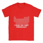 T-shirt rouge avec un motif de tableau périodique des éléments et la phrase "I WEAR THIS SHIRT PERIODICALLY" en blanc, idéal pour les amateurs de science et de chimie.