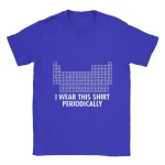 T-shirt bleu avec un tableau périodique stylisé et le texte "I WEAR THIS SHIRT PERIODICALLY" en blanc, idéal pour les amateurs de chimie et de sciences.
