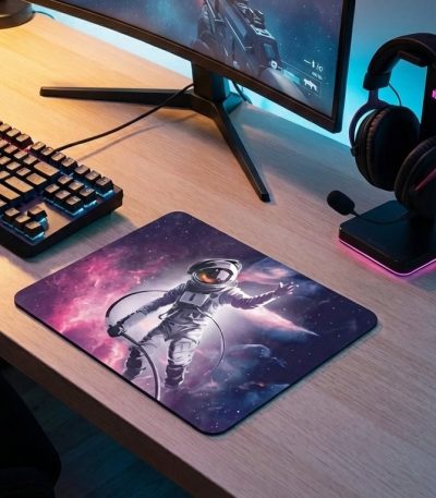 Tapis de bureau avec motif d'astronaute dans l'espace, idéal pour une décoration scientifique et moderne.