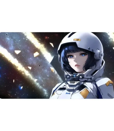 Un personnage féminin en combinaison spatiale dans un décor cosmique avec des étoiles et des nébuleuses.