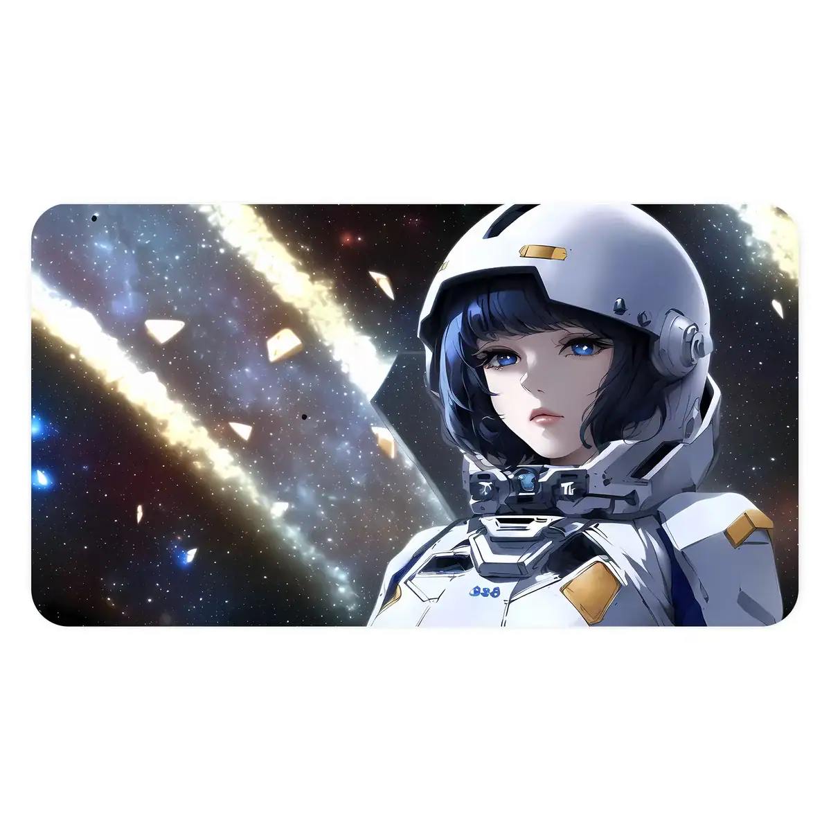 tapis-de-souris-femme-astronaute-1 Un personnage féminin en combinaison spatiale dans un décor cosmique avec des étoiles et des nébuleuses.