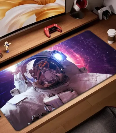 Panneau de bureau avec tapis de souris représentant un astronaute dans l'espace, entouré de figurines et d'objets liés à la science et à la technologie.