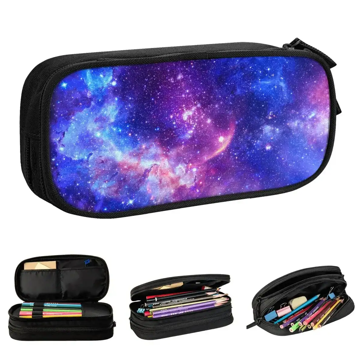 trousse-galaxy-cosmique-1 Étui à crayons avec motif galaxie et étoiles, parfait pour la décoration scientifique et la papeterie.