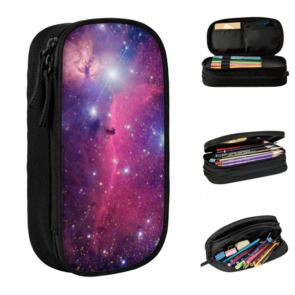trousse-nebuleuse-1 Pochette de rangement avec motif galaxie, idéale pour école, loisirs ou voyage, contenant stylos, crayons et accessoires divers pour une organisation pratique.