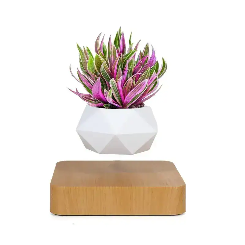 vase-de-plante-en-levitation-moderne-1 Plante artificielle en pot blanc avec feuilles vertes et roses, décoration moderne et scientifique.