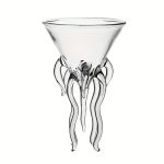 Vase en verre transparent avec des tentacules décoratives suspendues, idéal pour une décoration scientifique ou marine.